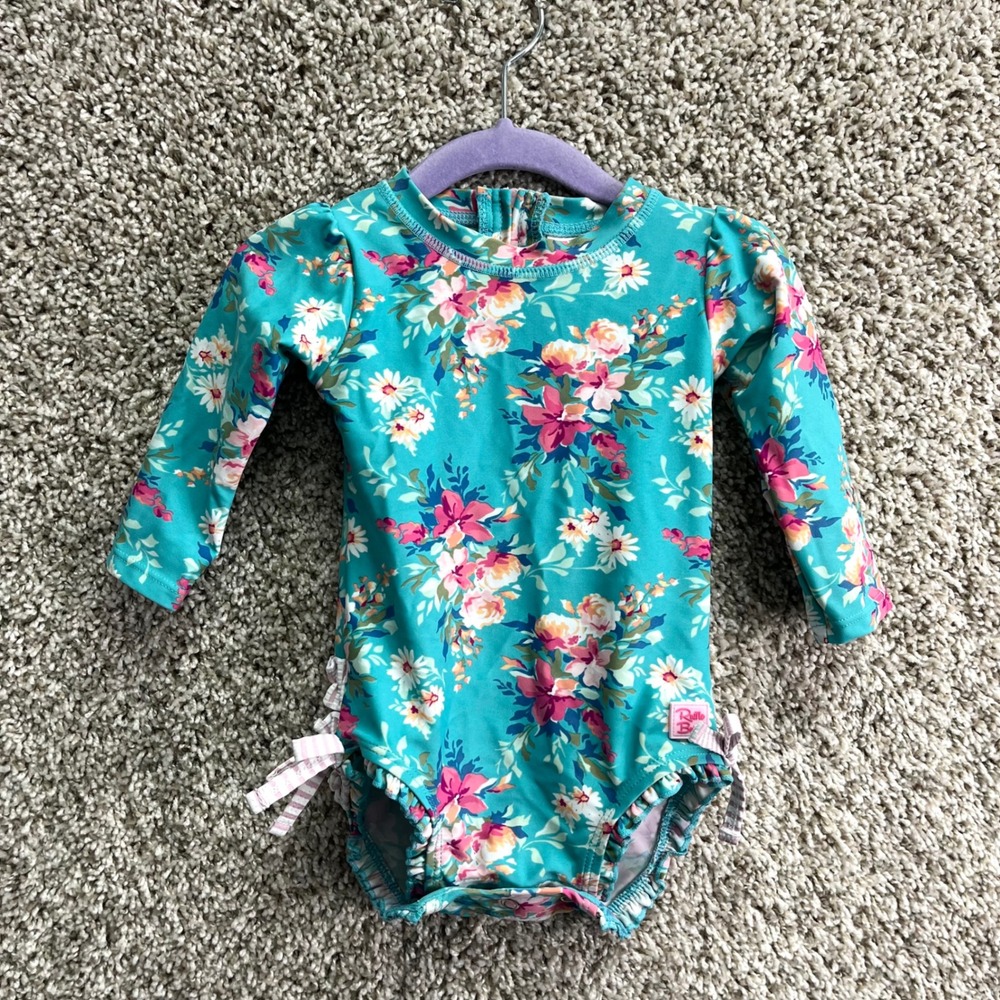 Ruffle Butts Swimsuit Baby 6-12M Teal Floral Long Sleeve One Piece Rash Guard